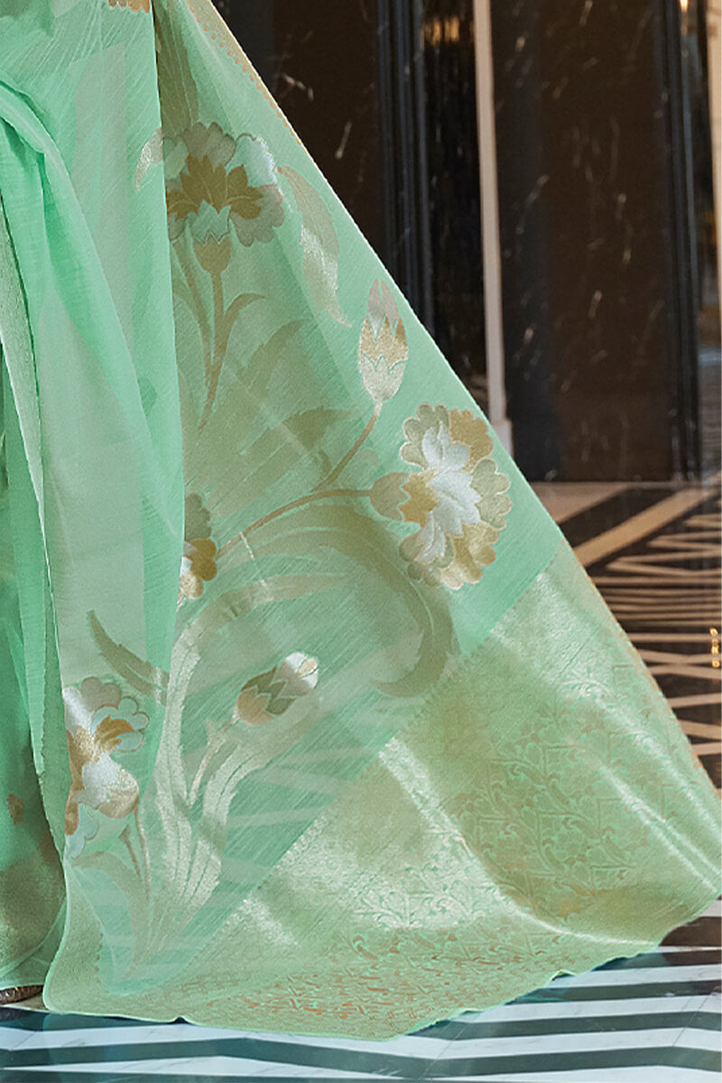Greenish Turquoise Zari Woven Linen Silk Saree