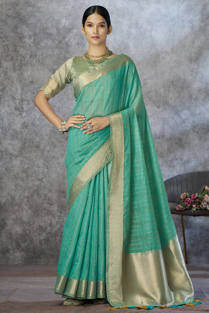 Greeny Blue Soft Linen Silk Saree