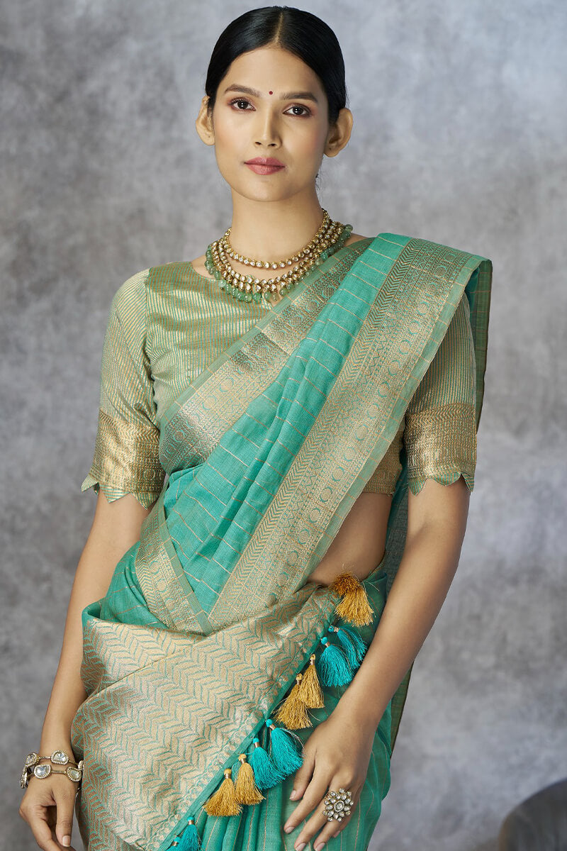 Greeny Blue Soft Linen Silk Saree