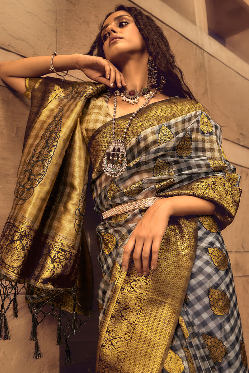 Grey and Black Banarasi Organza Silk Saree