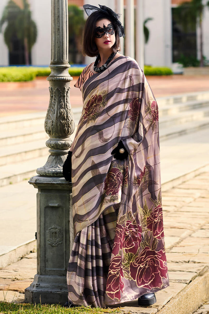 Grey and Black Printed Satin Crepe Silk Saree