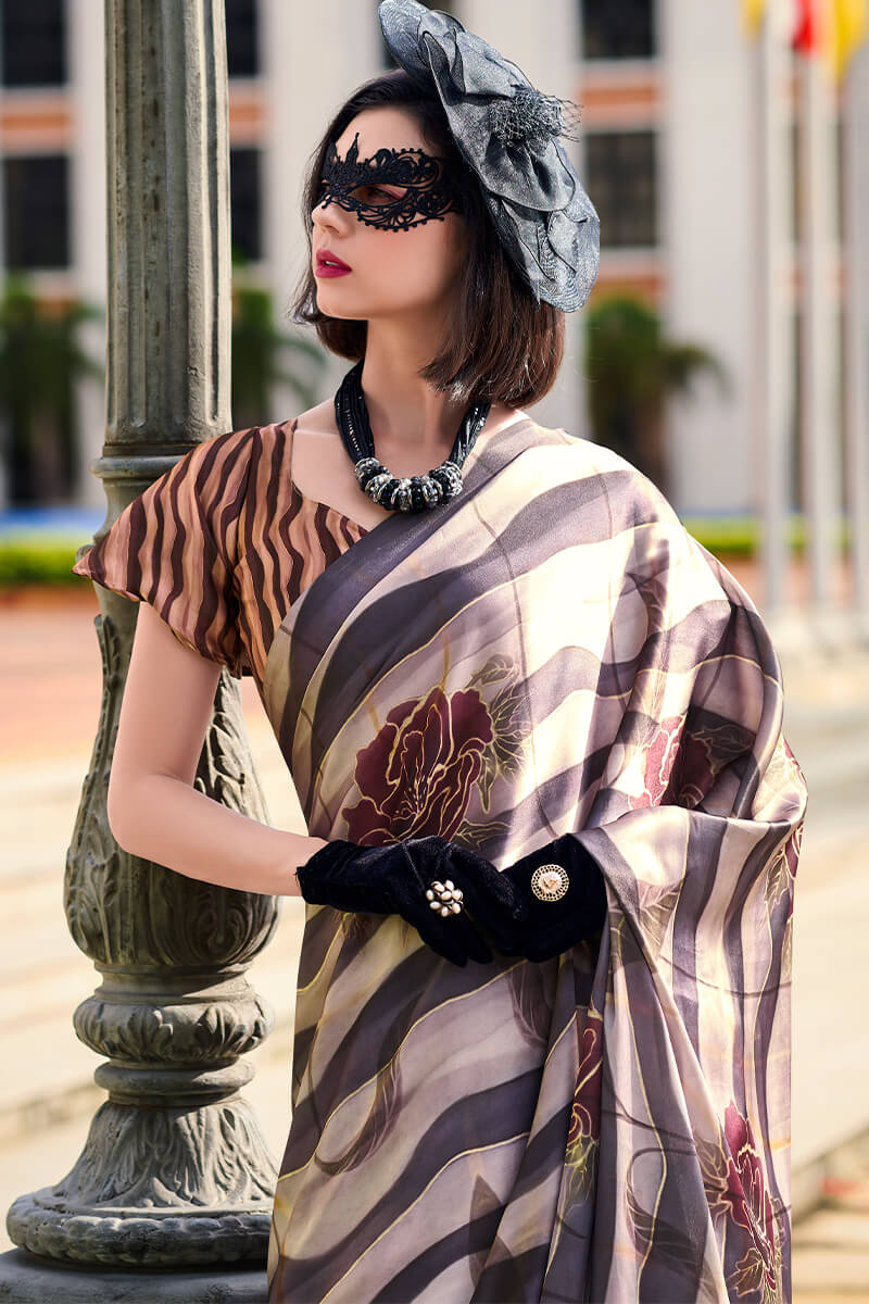 Grey and Black Printed Satin Crepe Silk Saree