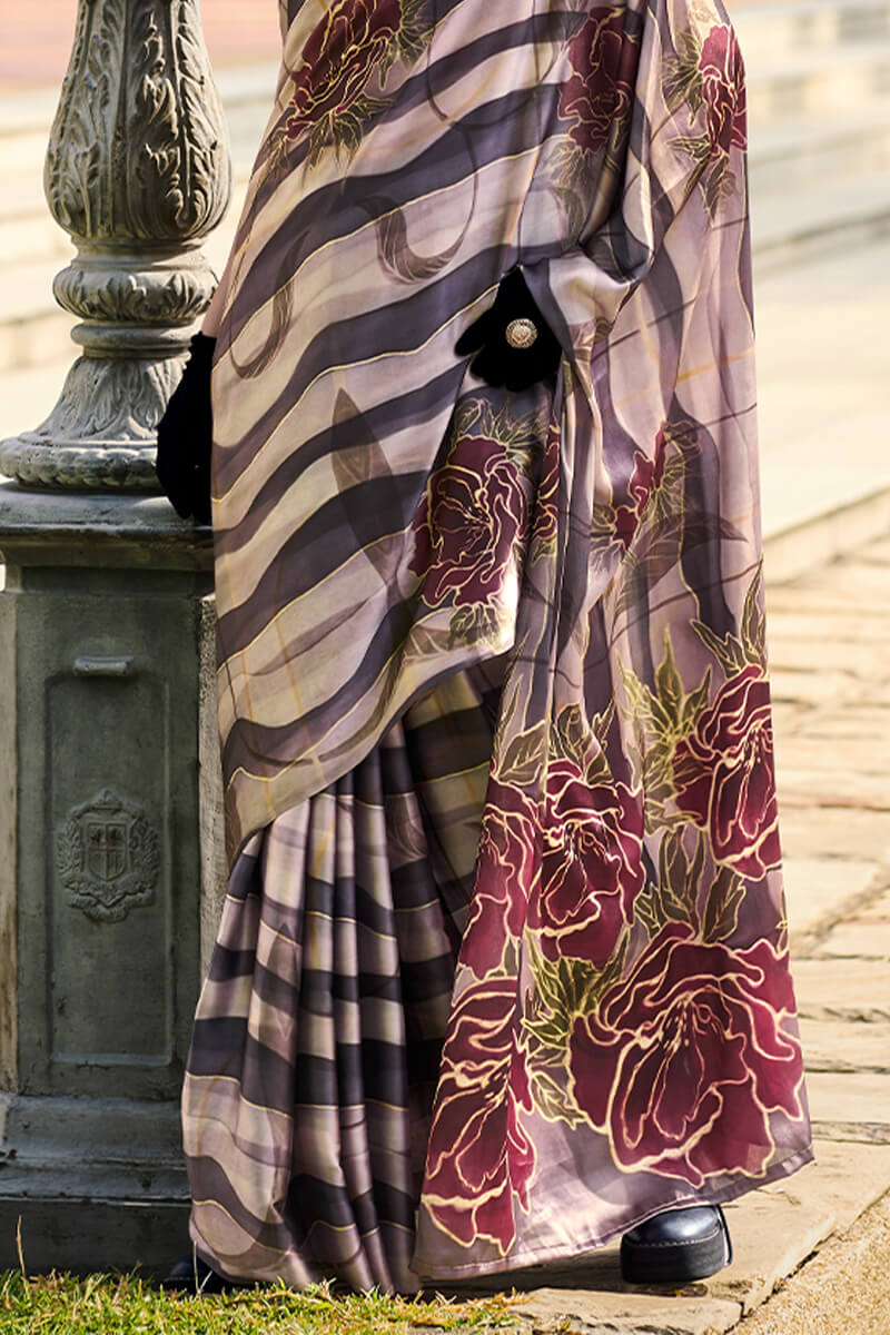 Grey and Black Printed Satin Crepe Silk Saree