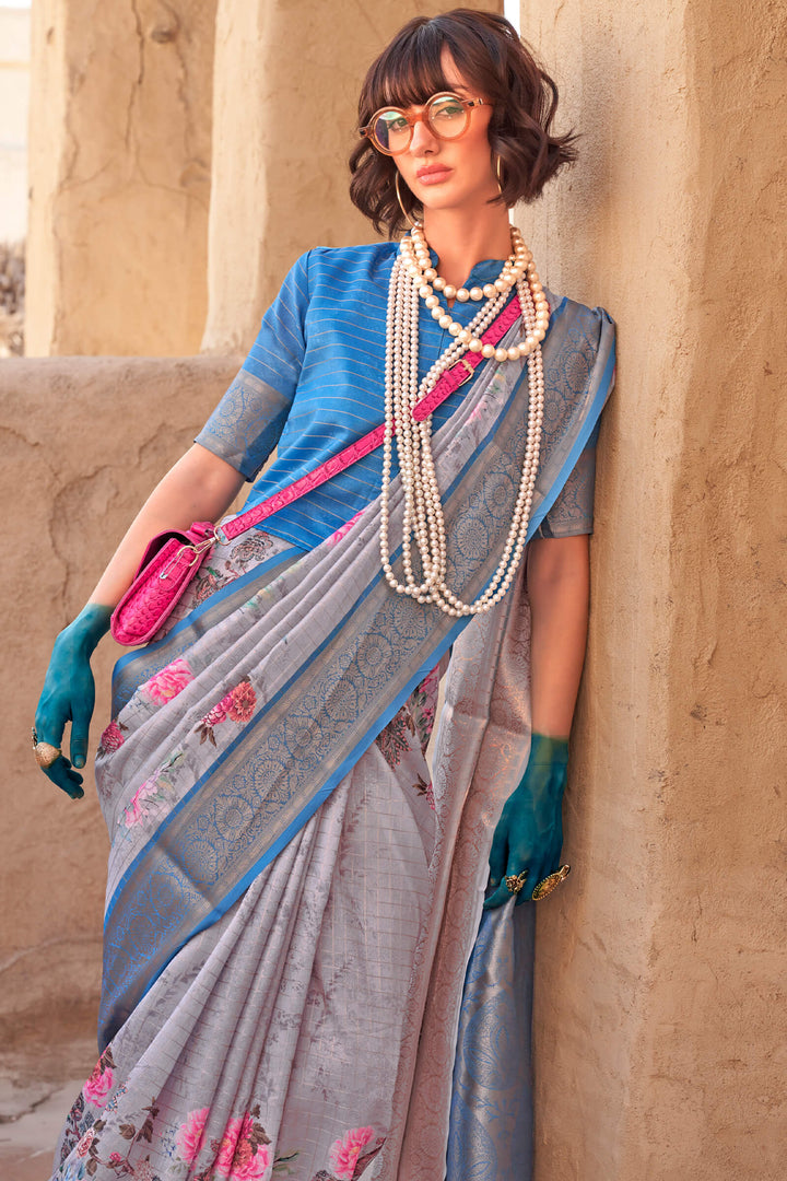 Grey and Blue Zari Woven Printed Georgette saree
