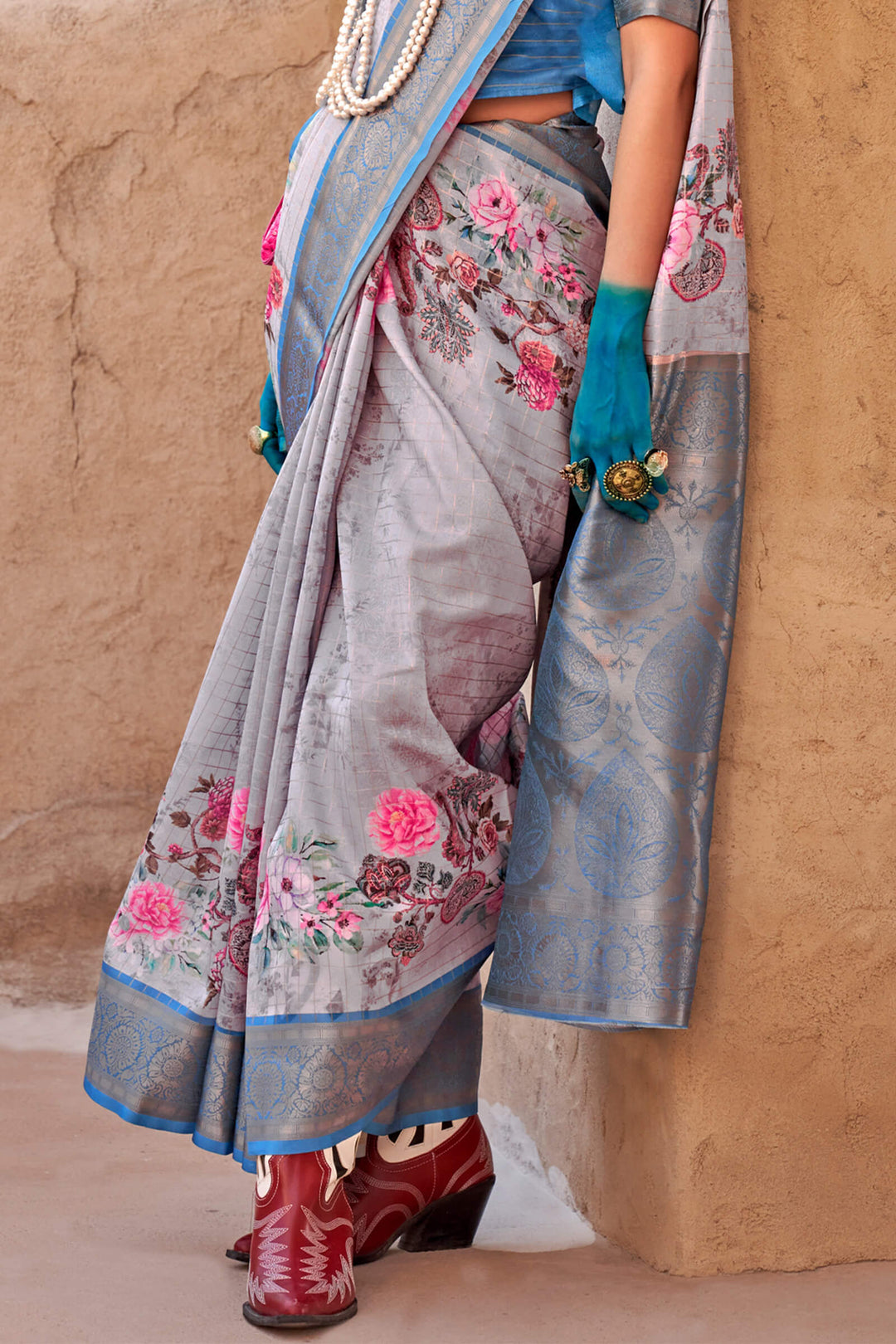 Grey and Blue Zari Woven Printed Georgette saree