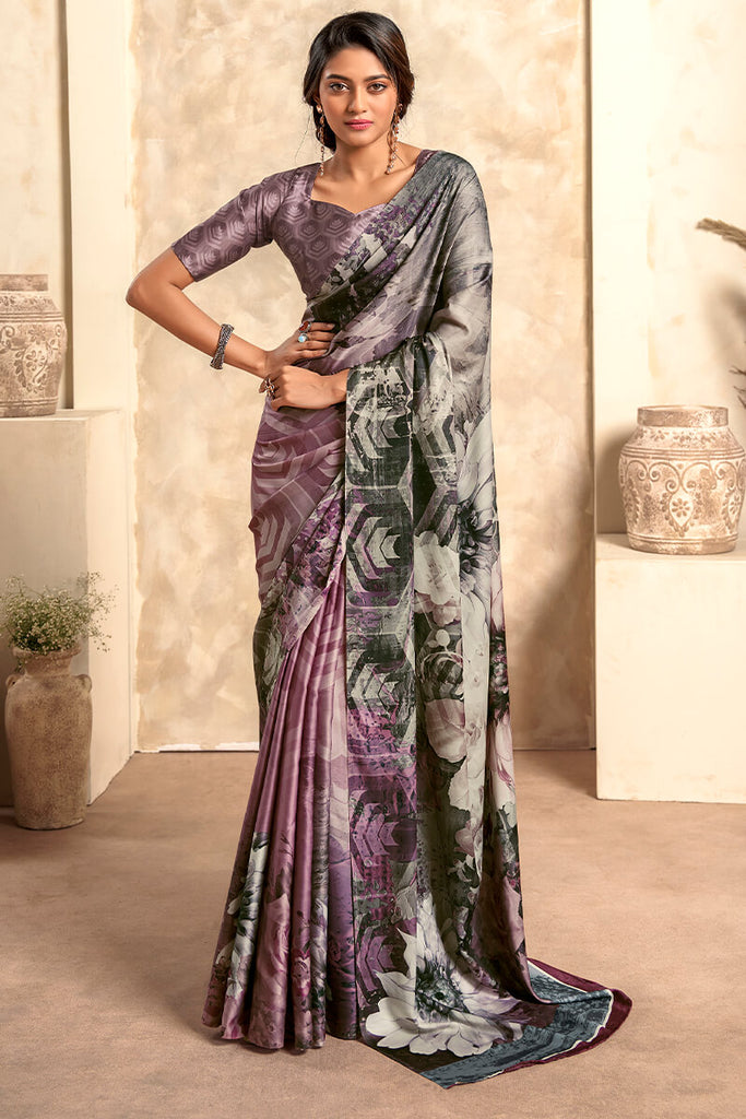 Grey and Lavender Printed Soft Satin Silk Saree