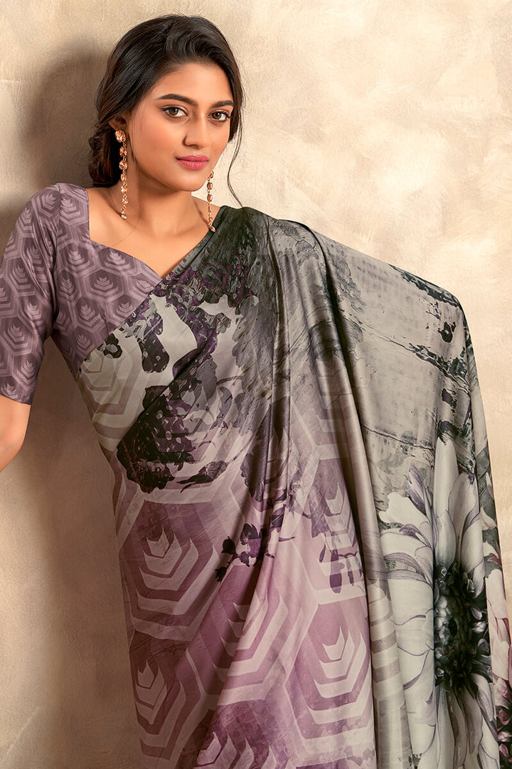 Grey and Lavender Printed Soft Satin Silk Saree