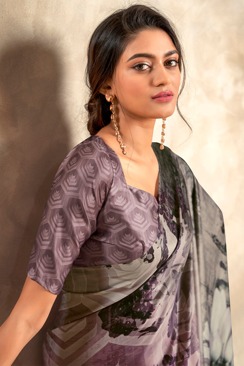 Grey and Lavender Printed Soft Satin Silk Saree