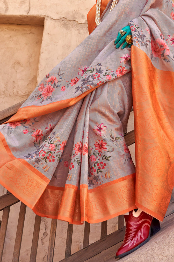 Grey and Orange Zari Woven Printed Georgette saree