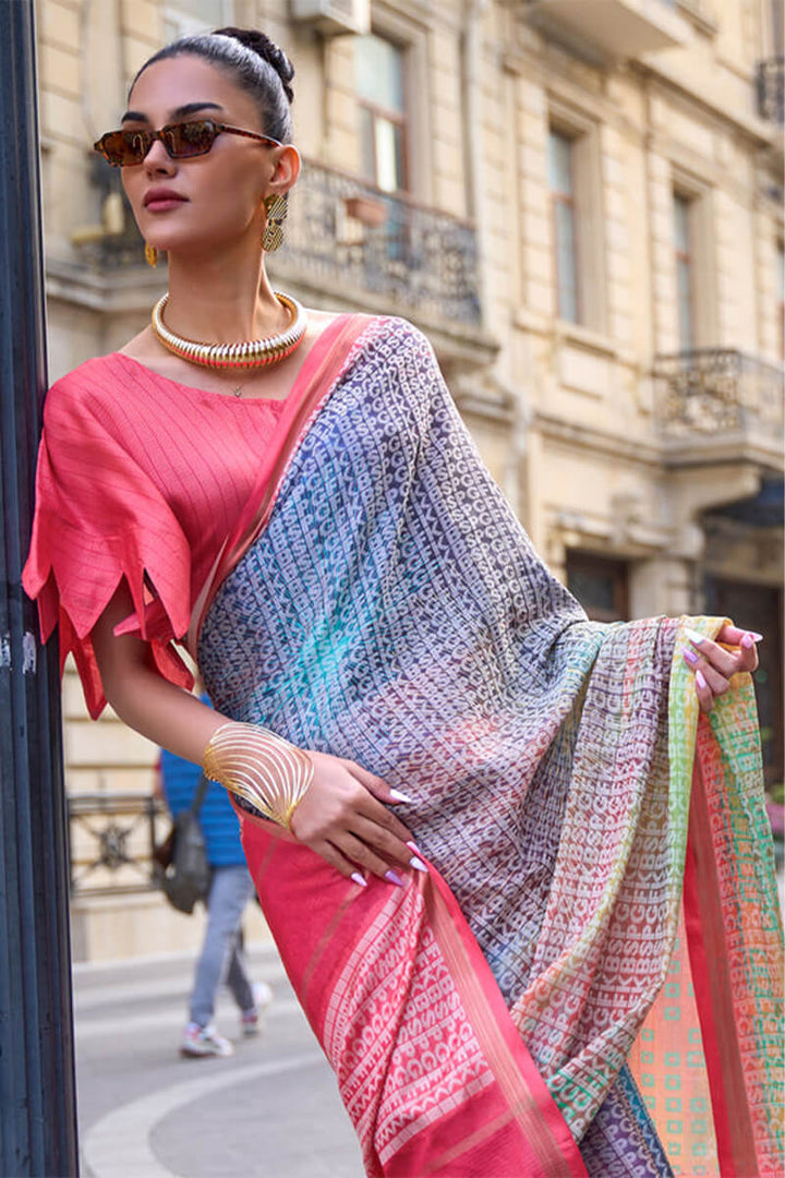 Grey and Pink Printed Handloom Weaving Silk Saree