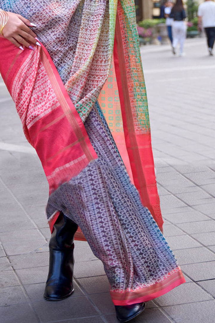 Grey and Pink Printed Handloom Weaving Silk Saree