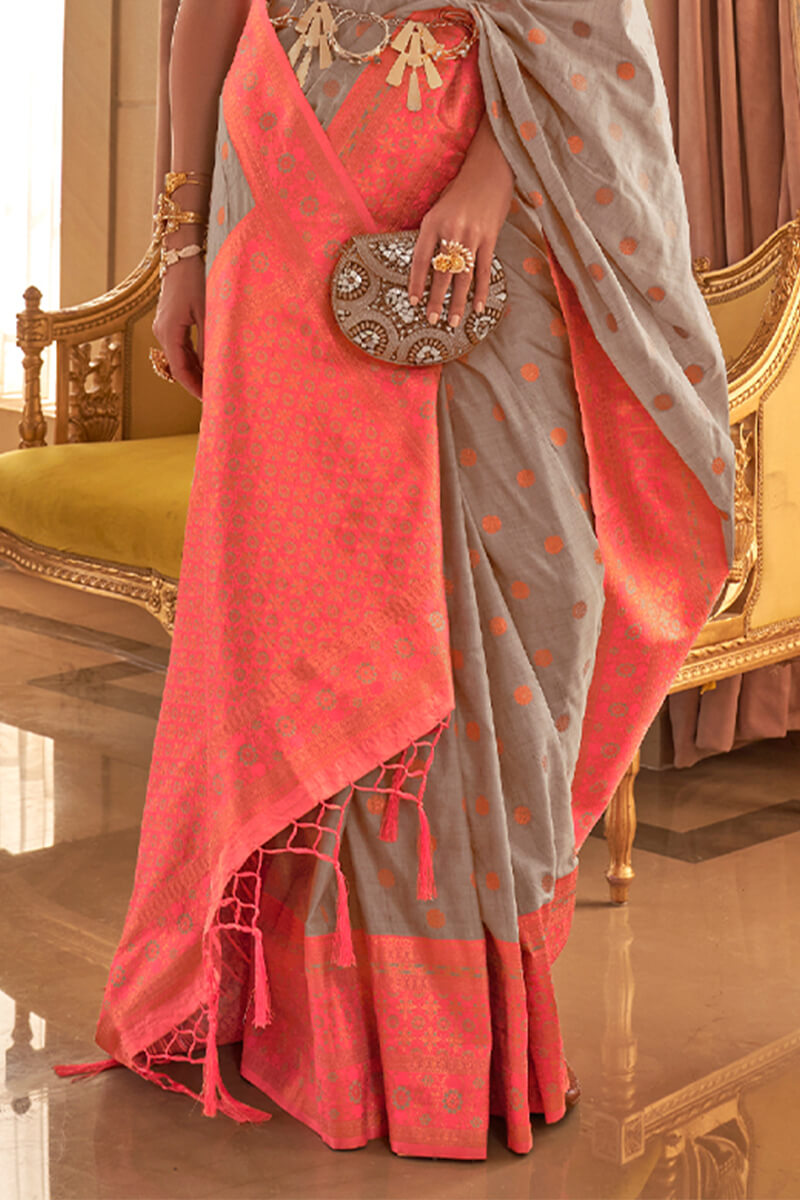 Grey and Pink Soft Banarasi Silk Saree