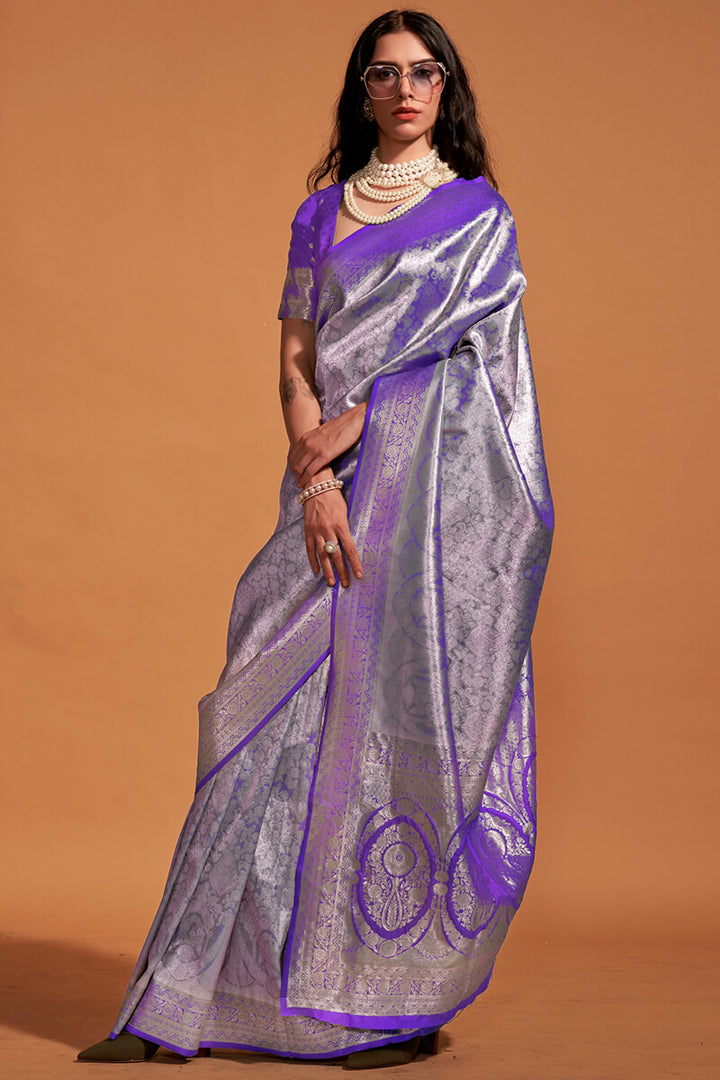 Grey and Purple Zari Woven Kanjivaram Silk Saree