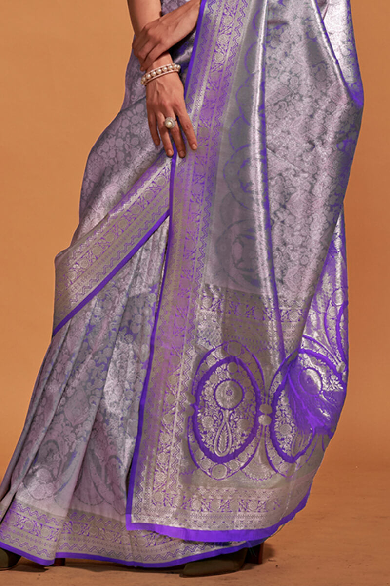 Grey and Purple Zari Woven Kanjivaram Silk Saree