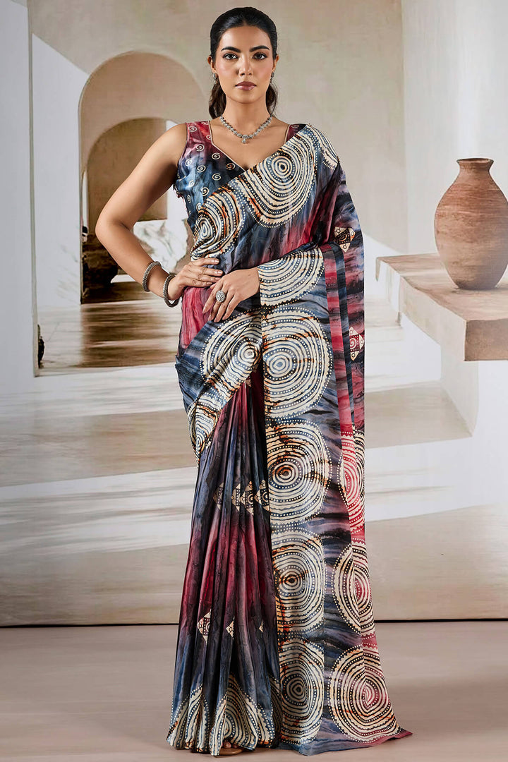Grey and Red Hand Prism Printed Satin Silk Saree