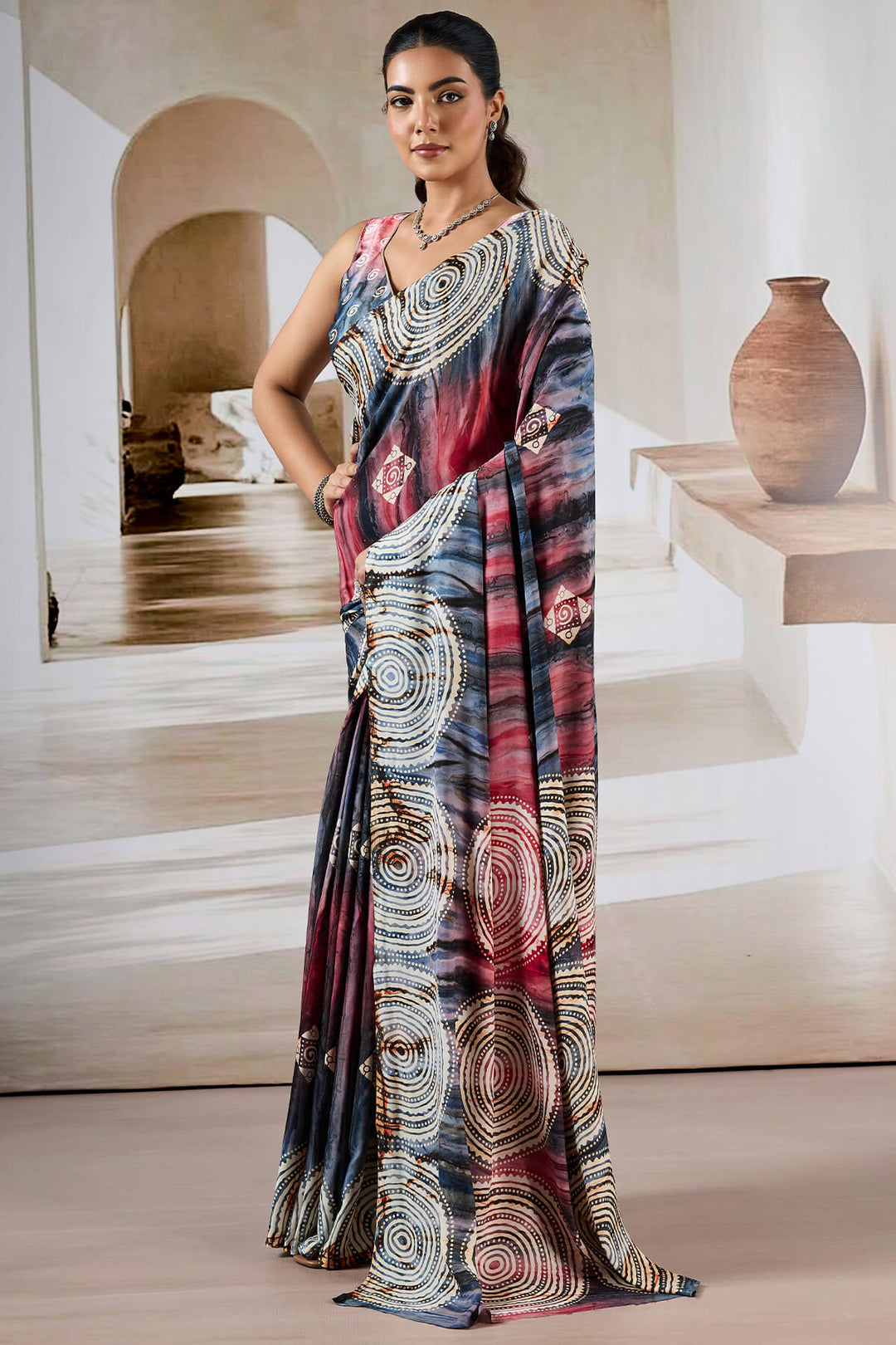 Grey and Red Hand Prism Printed Satin Silk Saree