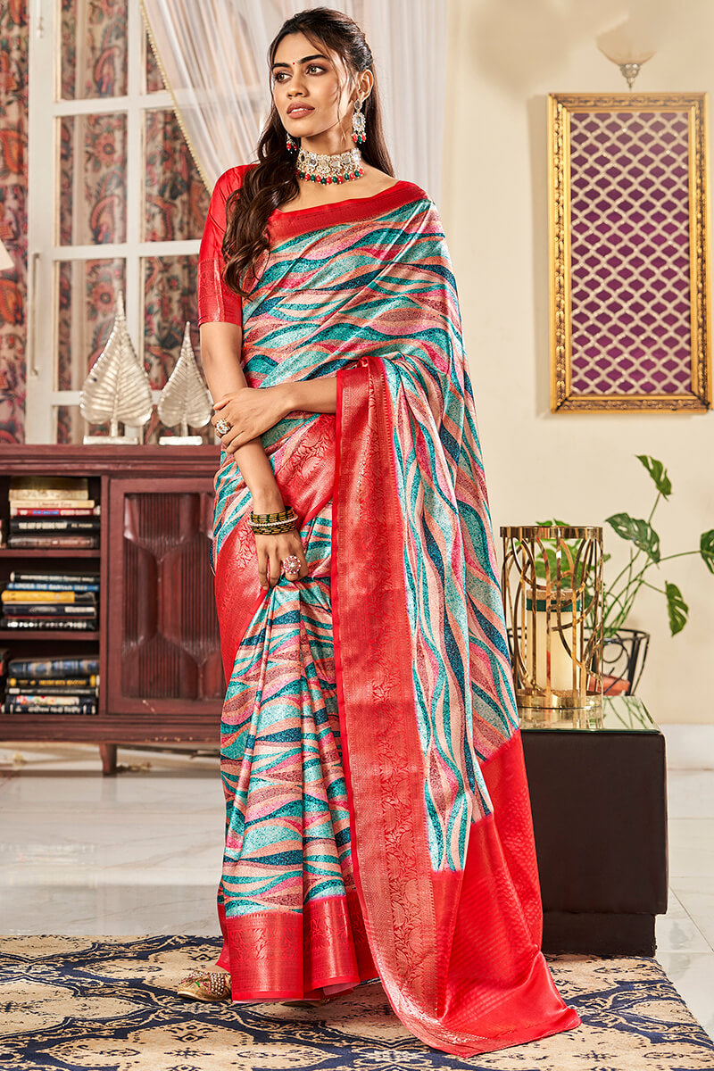 Grey and Red Printed Satin Silk Saree