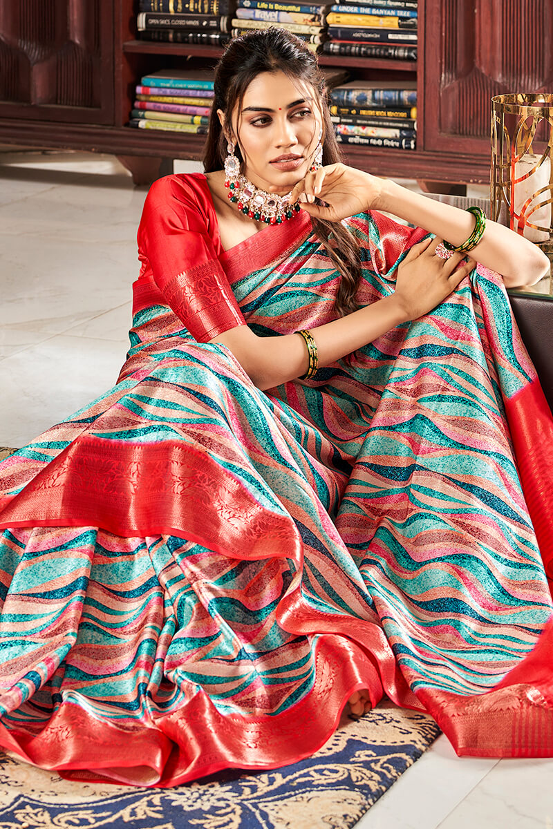 Grey and Red Printed Satin Silk Saree