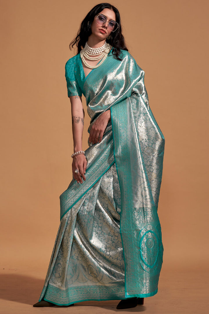 Grey and Sea Green Zari Woven Kanjivaram Silk Saree