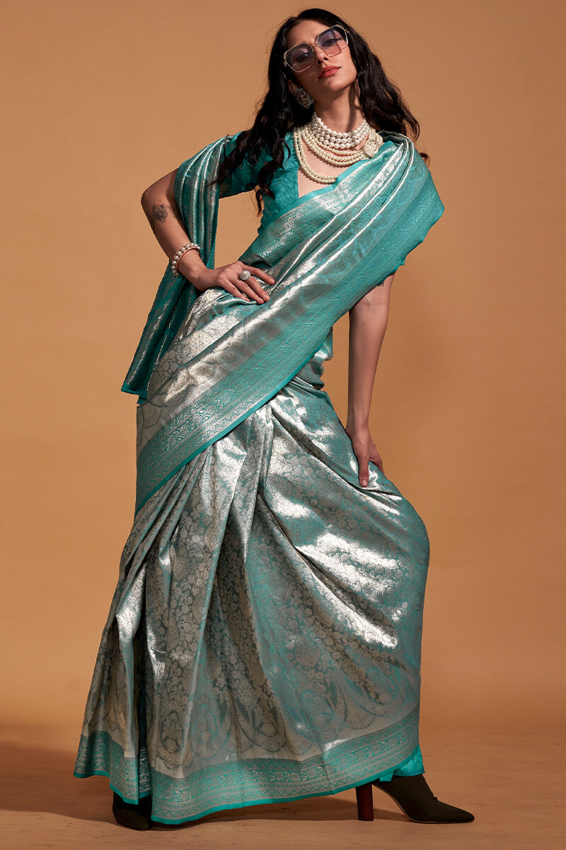 Grey and Sea Green Zari Woven Kanjivaram Silk Saree