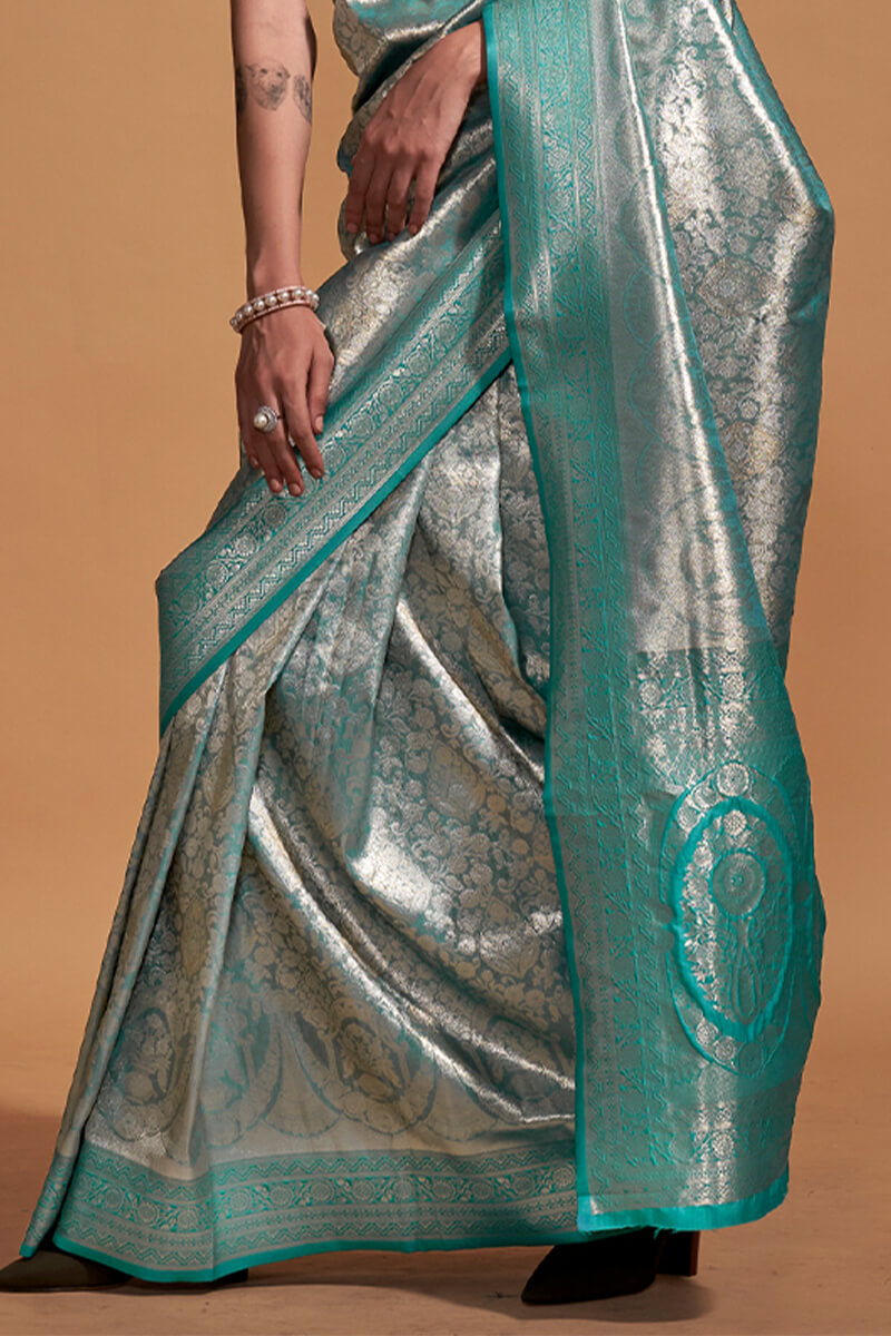 Grey and Sea Green Zari Woven Kanjivaram Silk Saree