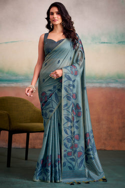 Greyish Blue Cotton Modal Silk Saree