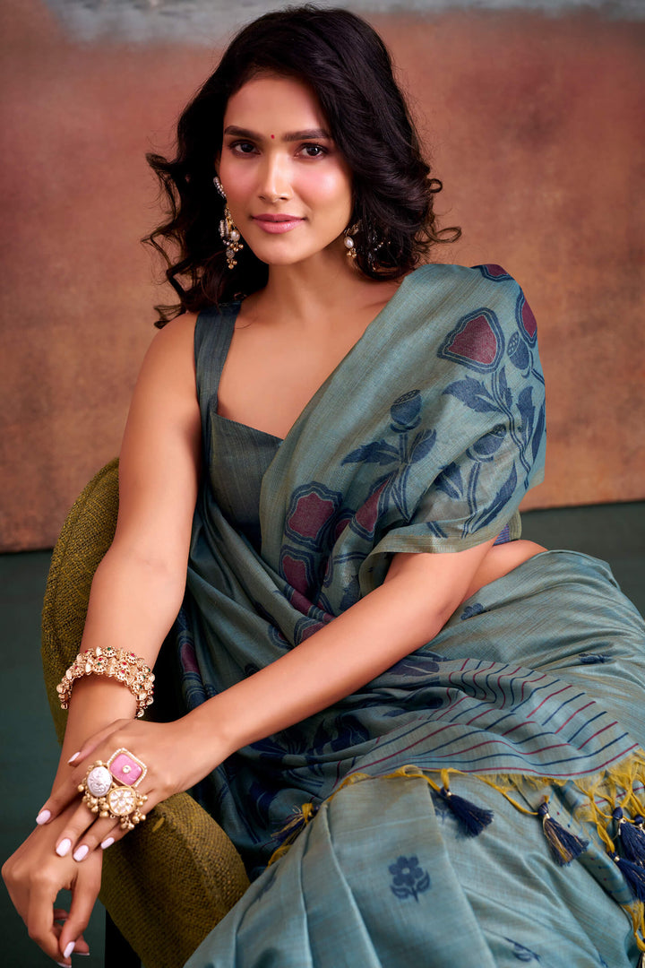 Greyish Blue Cotton Modal Silk Saree