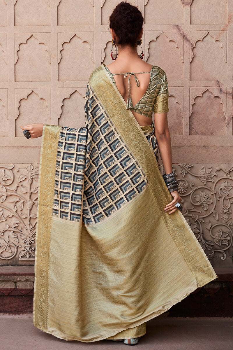 Greyish Blue Digital Printed Soft Silk Saree