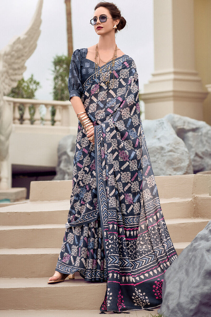 Greyish Blue Printed Mul cotton Saree