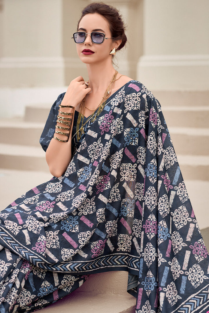 Greyish Blue Printed Mul cotton Saree