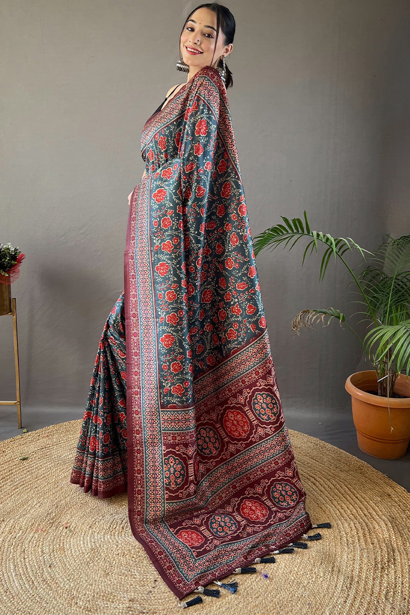 Greyish Blue Printed Soft Silk Saree