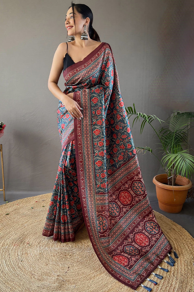 Greyish Blue Printed Soft Silk Saree