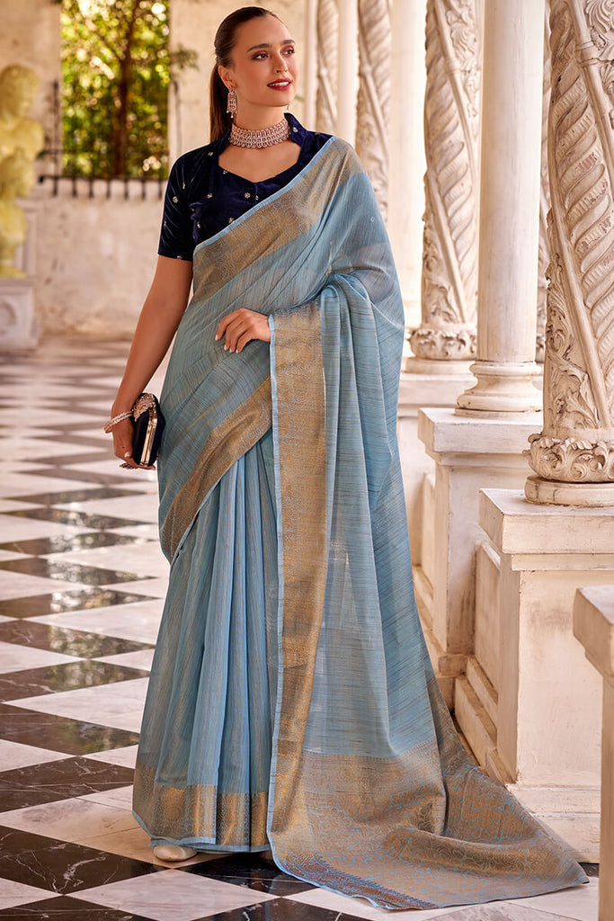 Greyish Blue Tissue Linen Saree With Two Blouse Piece