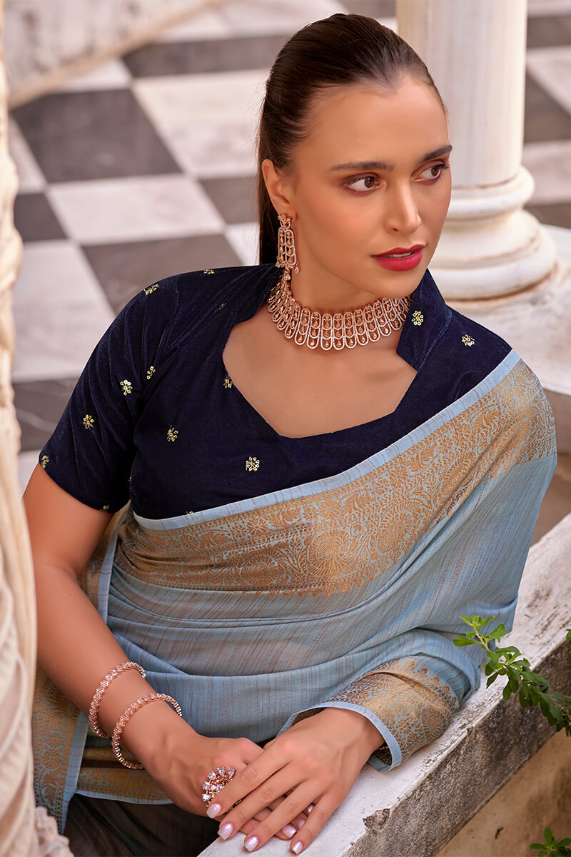 Greyish Blue Tissue Linen Saree With Two Blouse Piece