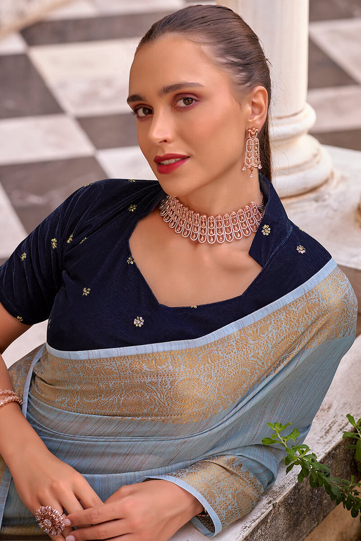 Greyish Blue Tissue Linen Saree With Two Blouse Piece