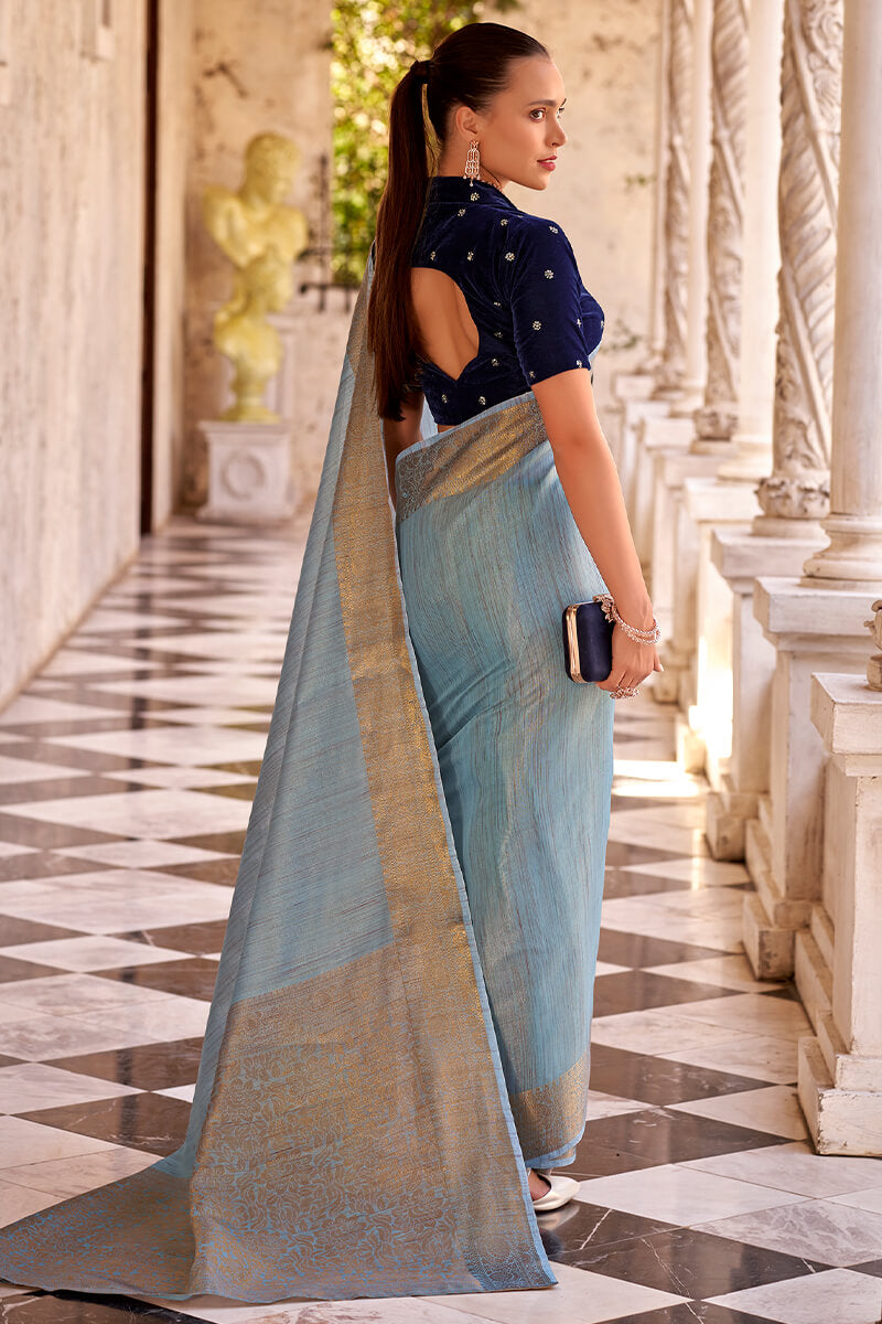 Greyish Blue Tissue Linen Saree With Two Blouse Piece