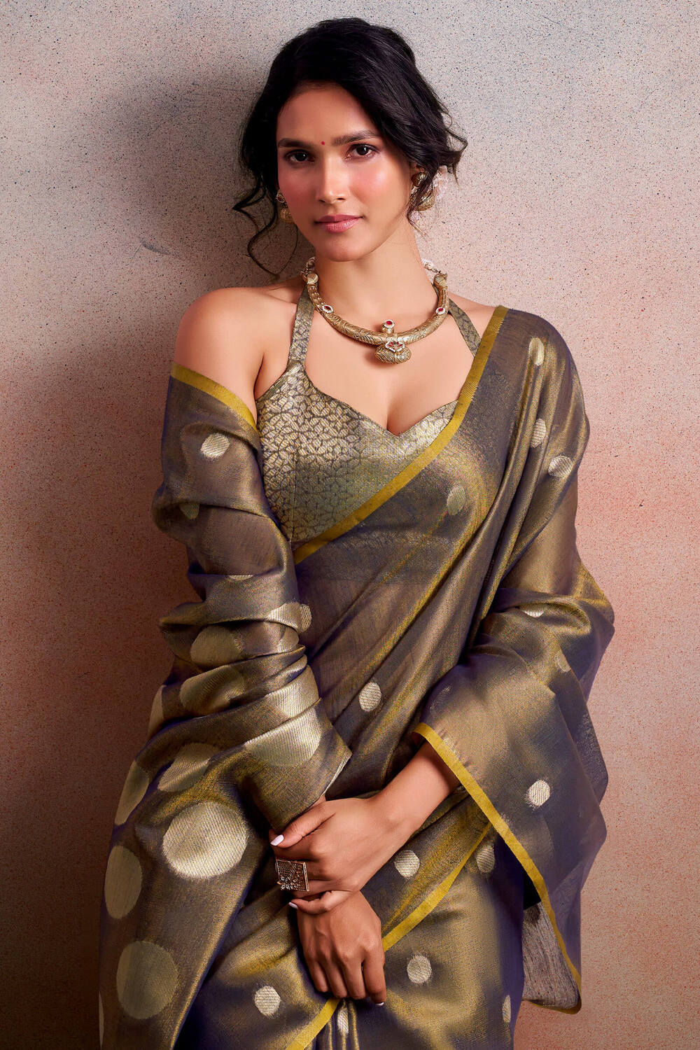 Greyish Brown Banarasi Tissue Silk Saree