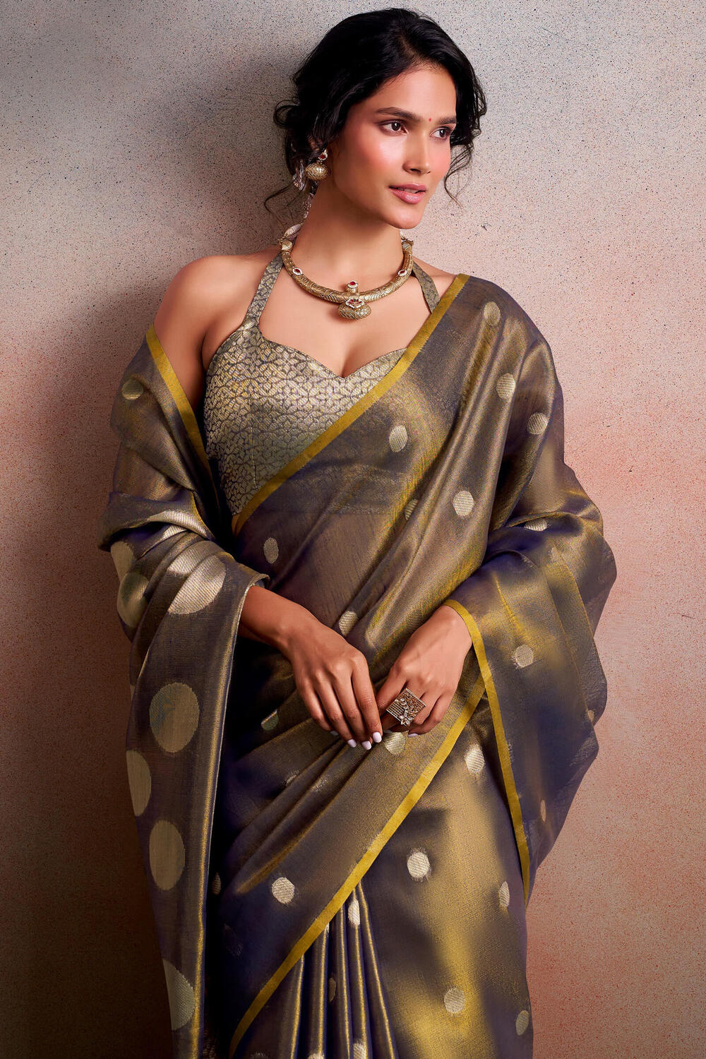 Greyish Brown Banarasi Tissue Silk Saree