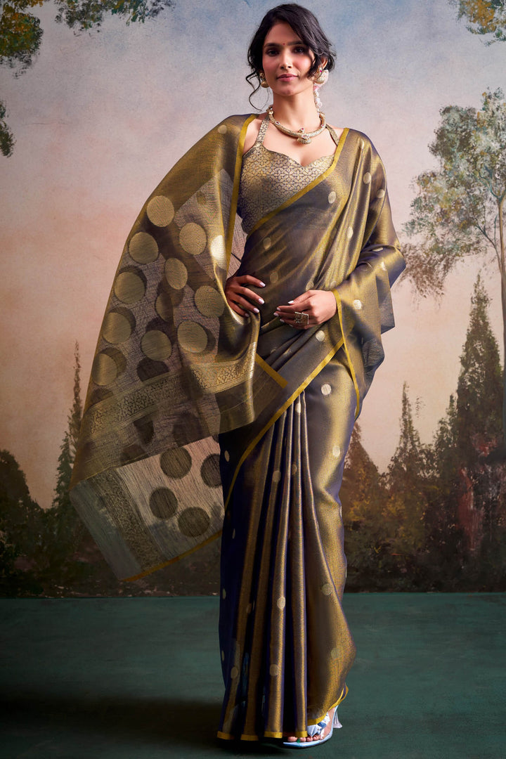 Greyish Brown Banarasi Tissue Silk Saree