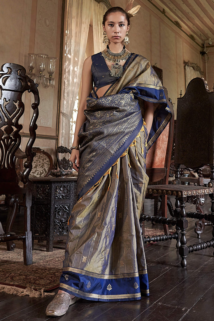 Greyish Brown Banarasi Tussar Silk Saree