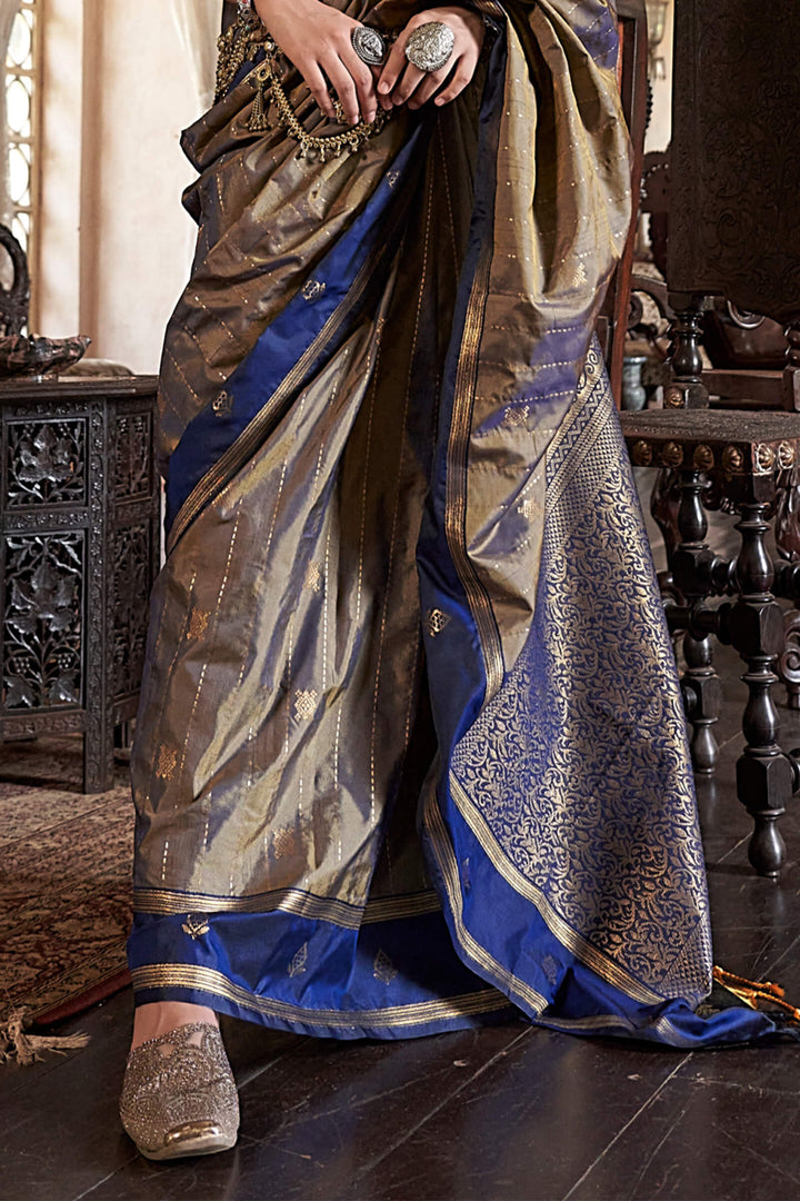 Greyish Brown Banarasi Tussar Silk Saree