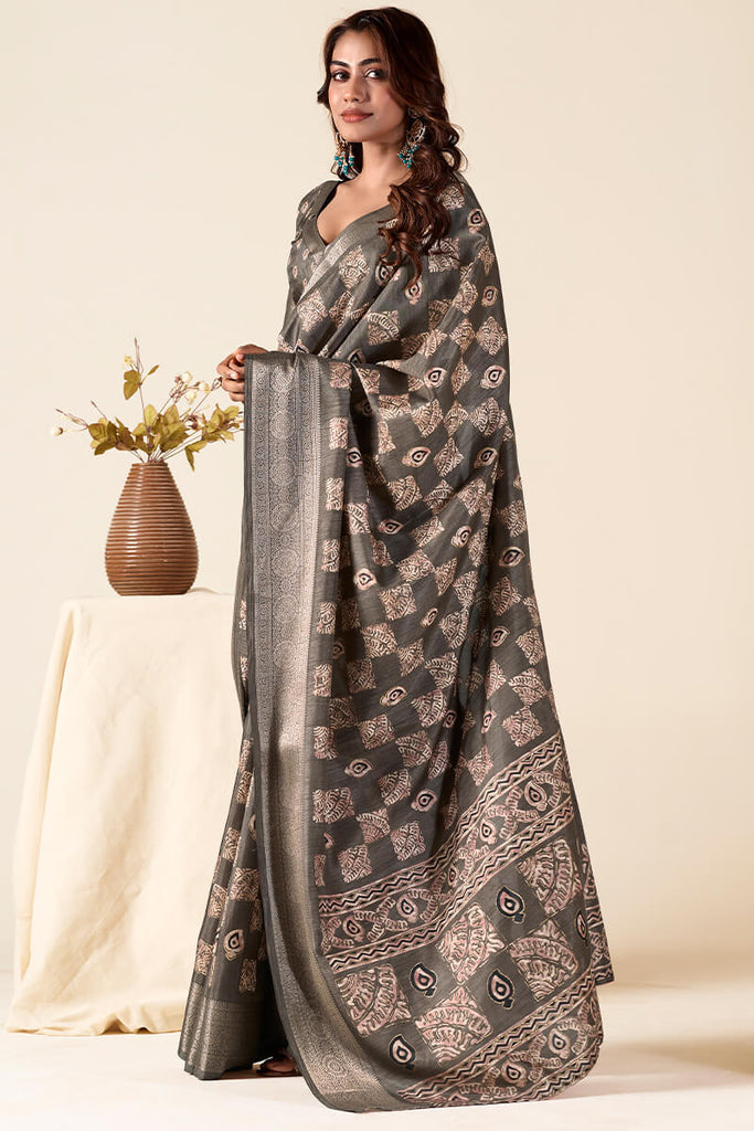 Greyish Brown Foil Printed Dola Silk Saree