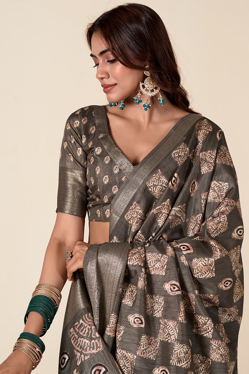 Greyish Brown Foil Printed Dola Silk Saree