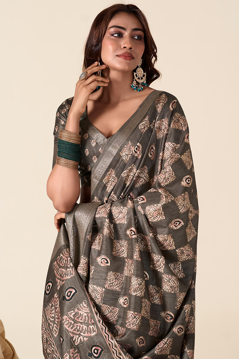 Greyish Brown Foil Printed Dola Silk Saree