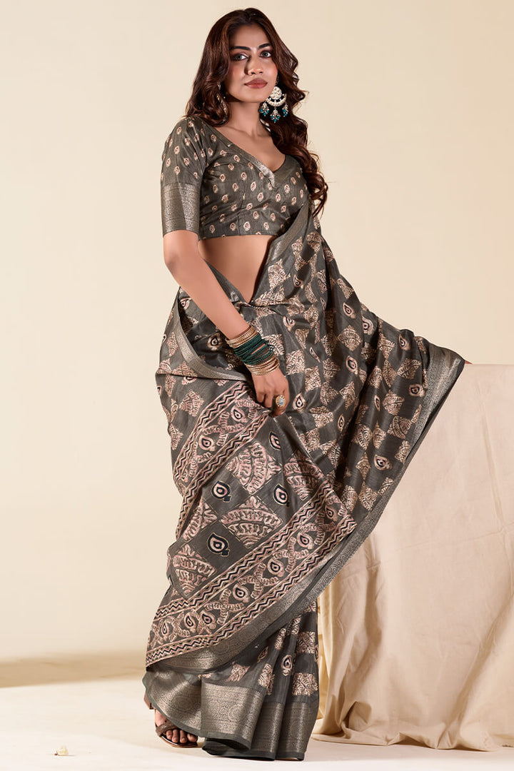 Greyish Brown Foil Printed Dola Silk Saree