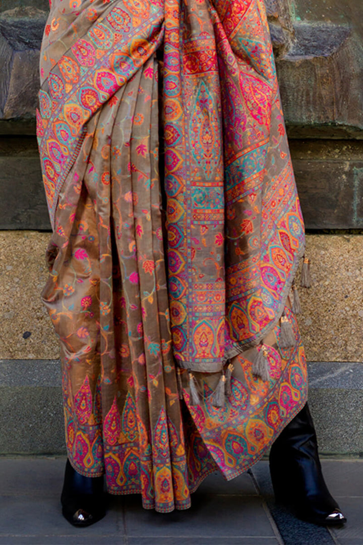 Greyish Brown Kashmiri Weaving Organza Silk Saree