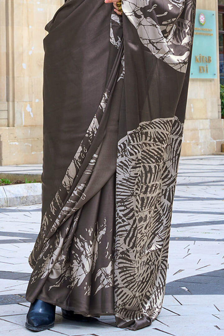 Greyish Brown Printed Satin Silk Saree