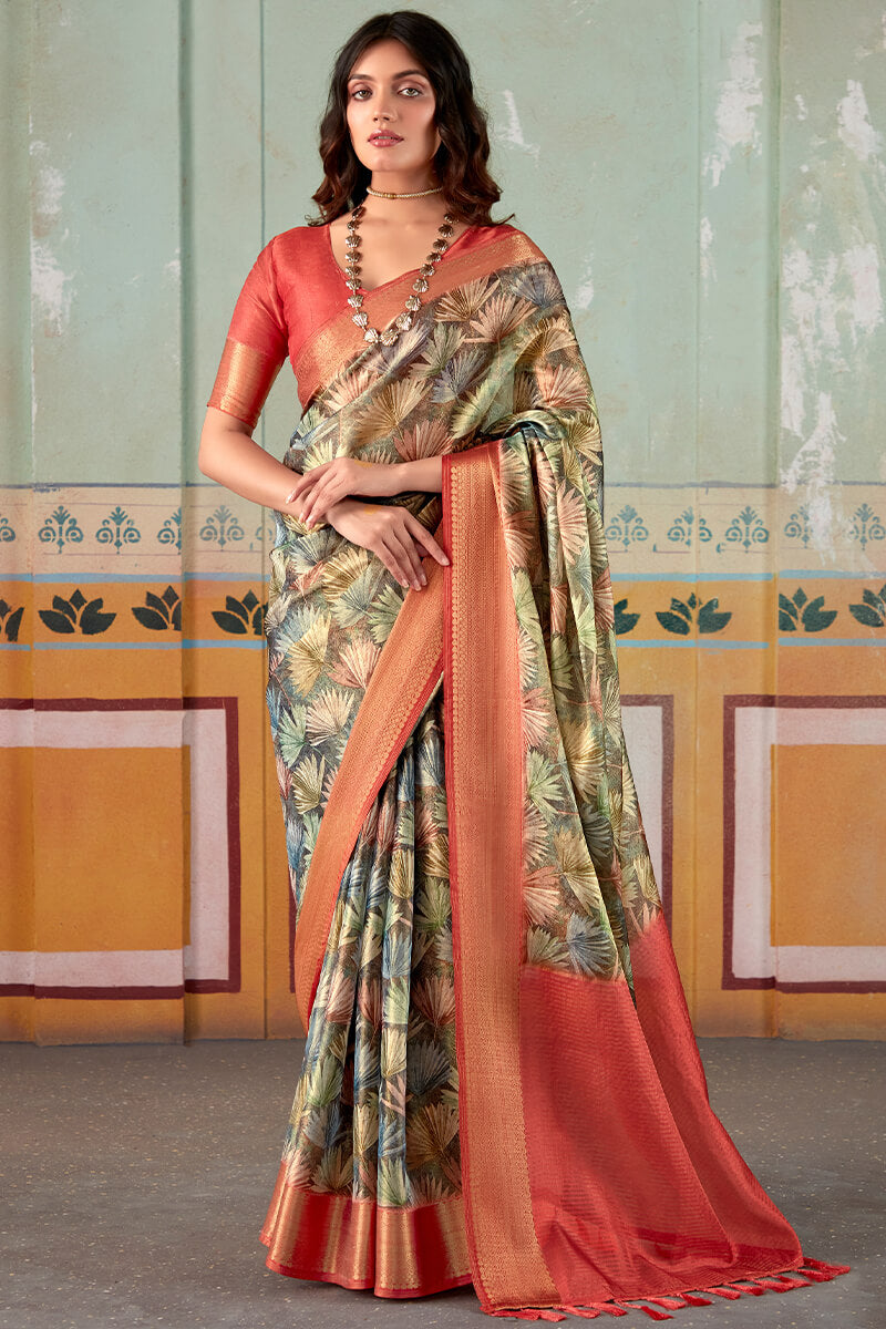 Greyish Brown Zari Woven Printed Tissue Silk Saree