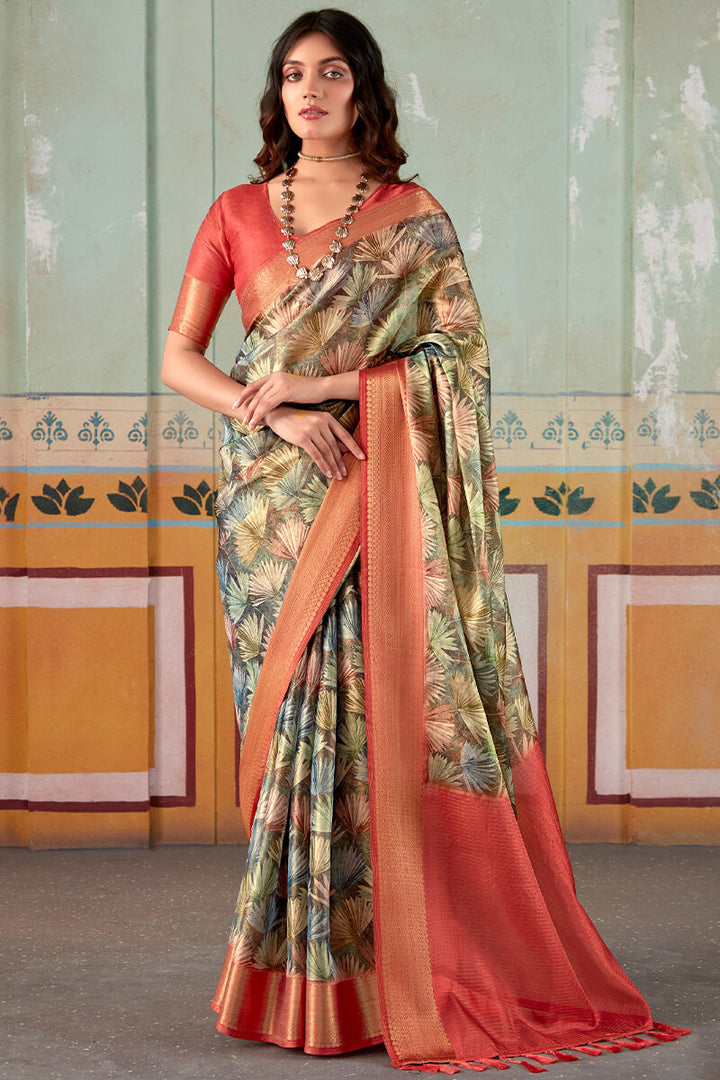 Greyish Brown Zari Woven Printed Tissue Silk Saree