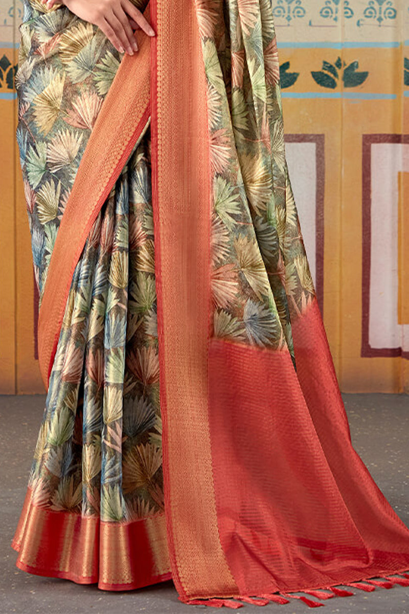 Greyish Brown Zari Woven Printed Tissue Silk Saree